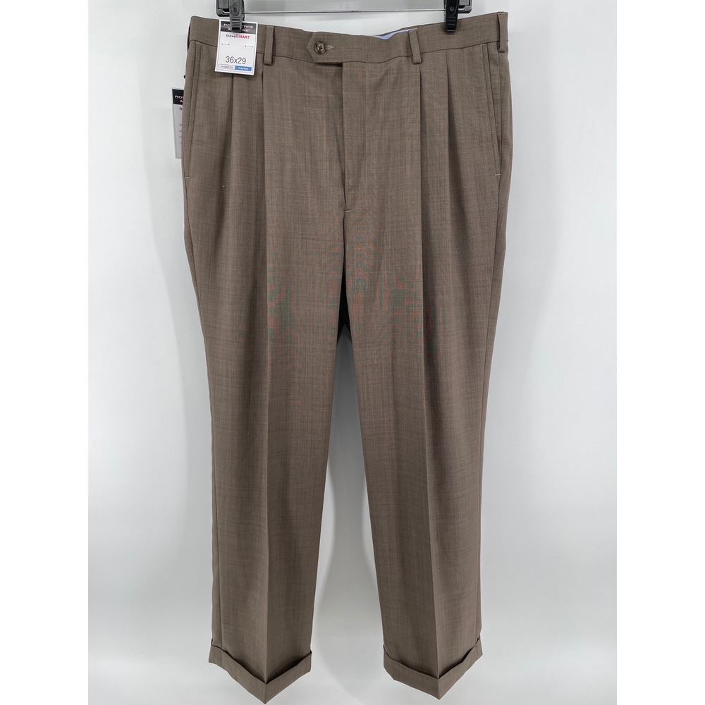 Roundtree & Yorke TravelSmart Pants Mens 36x29 Brown Pleated Wool Blend Cuffed